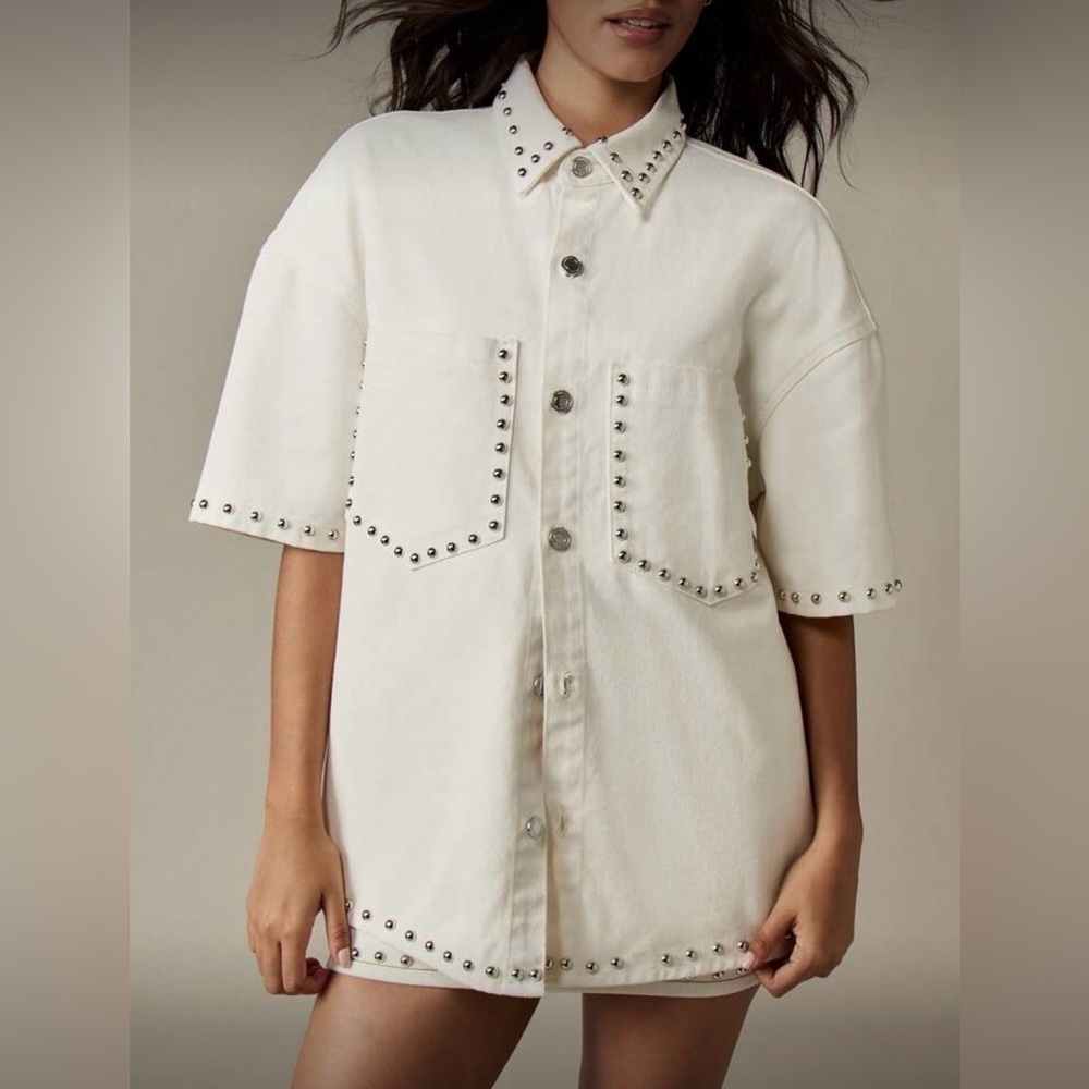 Ivory Cream Studded Denim Jacket Oversized | XS | Pockets, Short Sleeves | NWT
